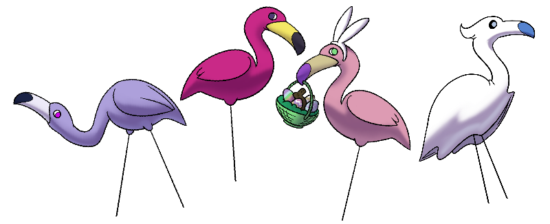 Assorted Mingos; one is a soft purple, one is bright magenta, one is pink with bunny ears and an Easter Basket, and one has a ghostly sheet on top of it Assorted Mingos; one is a soft purple, one is bright magenta, one is pink with bunny ears and an Easter Basket, and one has a ghostly sheet on top of it