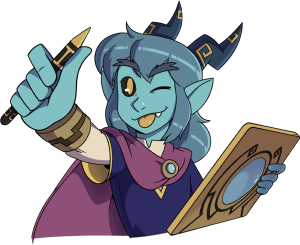 Scrimbus holding a tablet and stylus, measuring something with his tongue sticking out.